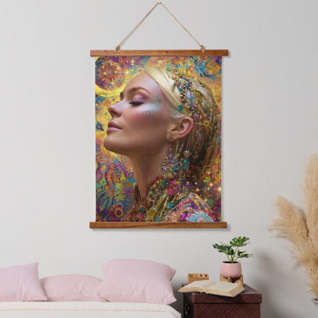 Bohemian Cosmic Goddess Art Tapestry Wandteppich Mit Holzrahmen (Schlafzimmer)