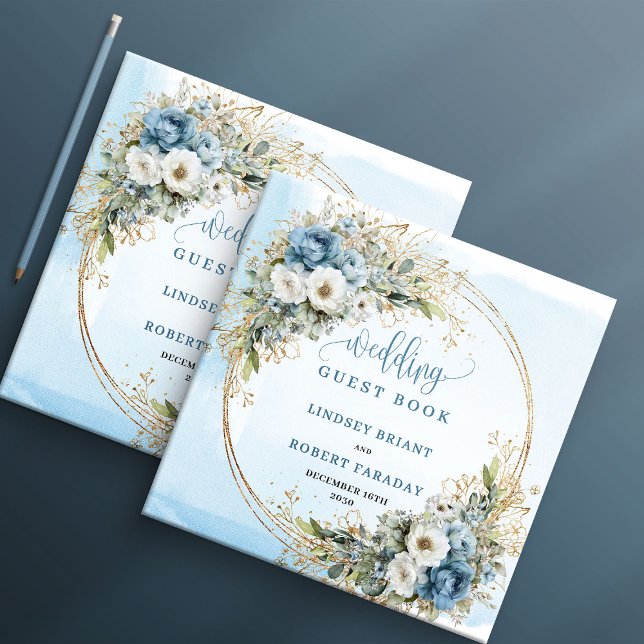 Bohemian Dusty Blue Floral Gold Wedding Guest Book Gästebuch (Bohemian Dusty Blue Floral Gold Wedding Guest Book)