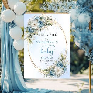 Bohemian Dusty Blue Florale Grüne Babyparty  Poster