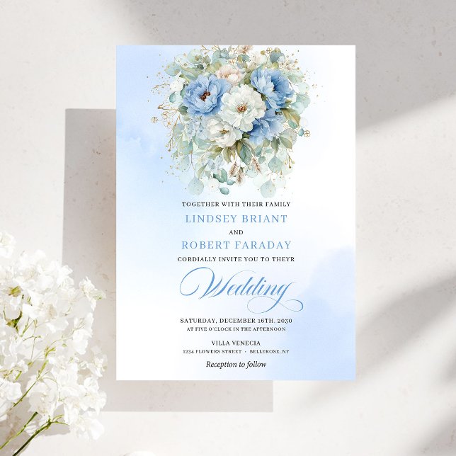 Bohemian Dusty Blue White Peony Wedding Invitation Einladung (Bohemian Dusty Blue White Peony Wedding Invitation)