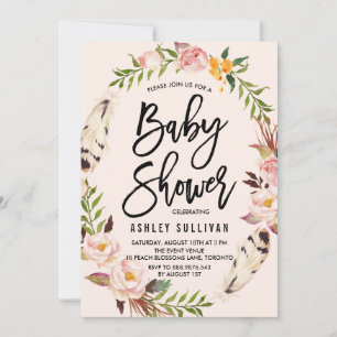Bohemian Federn und floraler Kranz Baby-Party Einladung