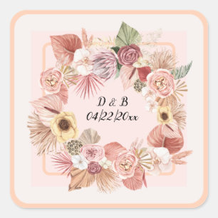 Bohemian Floral Kranz Elfenbein/Rosa/Karamell  Quadratischer Aufkleber