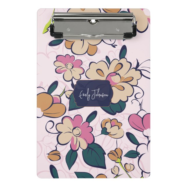 Bohemian Floral Navy Name Monogram Mini Klemmbrett (Vorderseite)