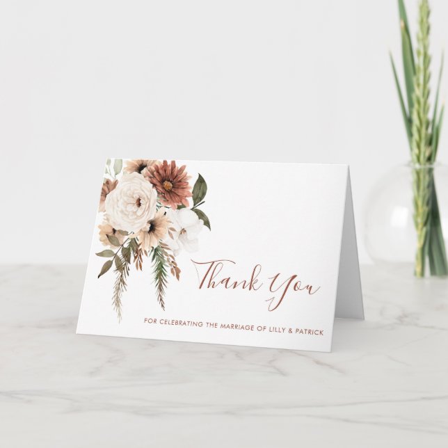 Bohemian Floral Terracotta Wedding Dankeskarte (Vorderseite)