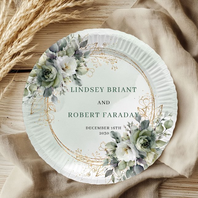 Bohemian-grüne botanische Hochzeitspapierteller Pappteller (Bohemian Sage Green Botanical Wedding Paper Plates)