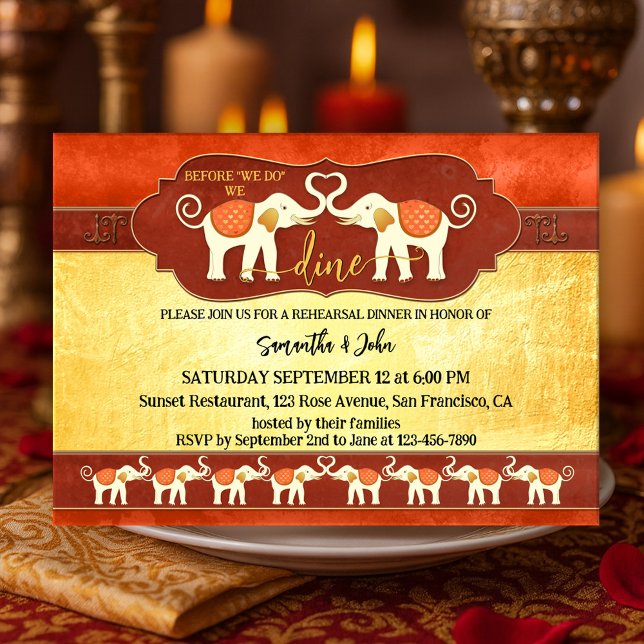 Bohemian Indian Elephants Rehearsal Dinner Einladung (Rehearsal dinner invitation featuring a pair of ivory elephants in an Indian terra cotta colors)