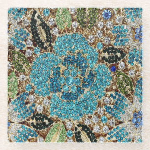 bohemian mädchenhafte silberne türkisblaue Blume Glasuntersetzer