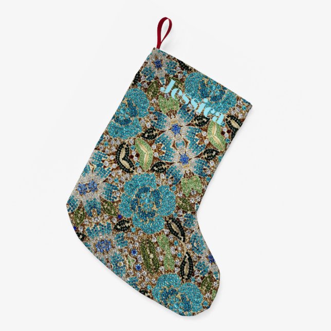 bohemian mädchenhafte silberne türkisblaue Blume Kleiner Weihnachtsstrumpf (Vorderansicht (hängend))