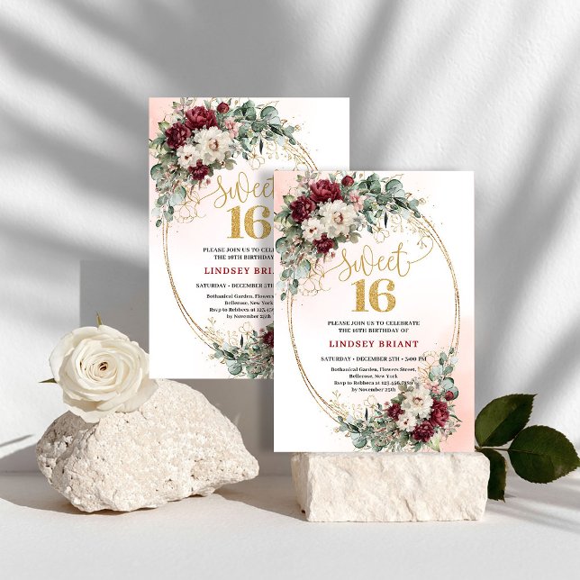 Bohemian Maroon Floral Sweet 16 Birthday Invites Einladung (Bohemian Maroon Floral Sweet 16 Birthday Invitation)