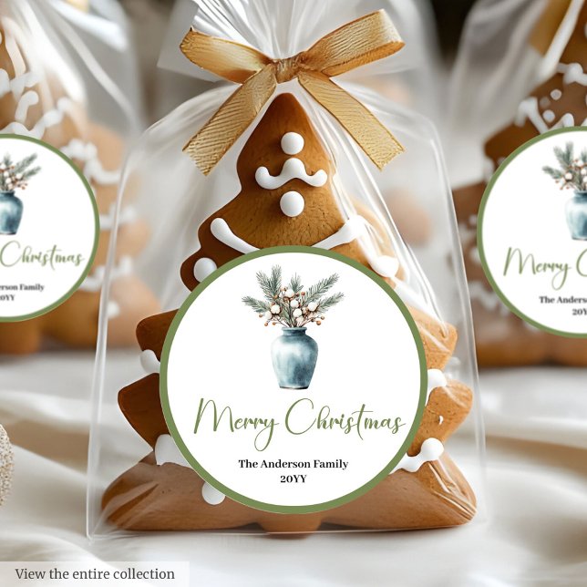 Bohemian Modern Christmas Bouquet Watercolor Label Runder Aufkleber (Bohemian Modern Christmas Bouquet Watercolor Sticker)