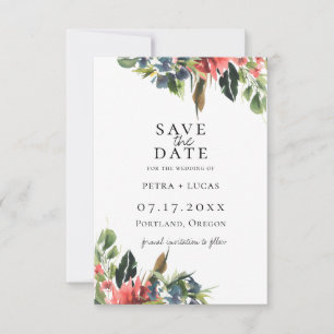 Bohemian Navy Korallen Blumen Save The Date Ankündigung