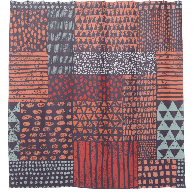 Bohemian Patchwork: nahtloses, handgezeichnetes De Duschvorhang (Vorderseite)