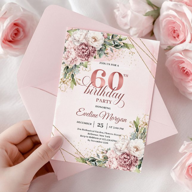 Bohemian Rose Gold Floral Greenery 60th Birthday Einladung (Bohemian Rose Gold Floral Greenery 60th Birthday)