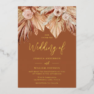 Bohemian Traumhochzeit: Boho Terrakotta Gold Folieneinladung