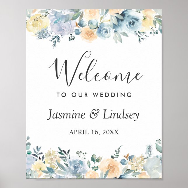 Bohemian Vanilla Blue Floral Mariage Affiche de bi (Devant)
