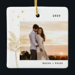 Bohemisch Beach Palm Tree Foto Keramik Ornament<br><div class="desc">Bohemische Strandpalme und Sterne,  Urlaubssornament Foto in den Imitaten goldene Folie und schwarz.</div>