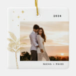 Bohemisch Beach Palm Tree Foto Keramik Ornament<br><div class="desc">Bohemische Strandpalme und Sterne,  Urlaubssornament Foto in den Imitaten goldene Folie und schwarz.</div>