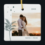 Bohemisch Beach Palm Tree Foto Keramik Ornament<br><div class="desc">Bohemische Strandpalme und Sterne,  Foto im rustikalen smaragdgrünen Urlaubsornament.</div>