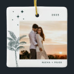 Bohemisch Beach Palm Tree Foto Keramik Ornament<br><div class="desc">Bohemische Strandpalme und Sterne,  Foto im rustikalen smaragdgrünen Urlaubsornament.</div>