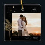 Bohemisch Beach Palm Tree Foto Keramik Ornament<br><div class="desc">Bohemische Strandpalme und Sterne,  Urlaubssornament Foto in den Imitaten goldene Folie und schwarz.</div>