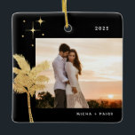 Bohemisch Beach Palm Tree Foto Keramik Ornament<br><div class="desc">Bohemische Strandpalme und Sterne,  Urlaubssornament Foto in den Imitaten goldene Folie und schwarz.</div>