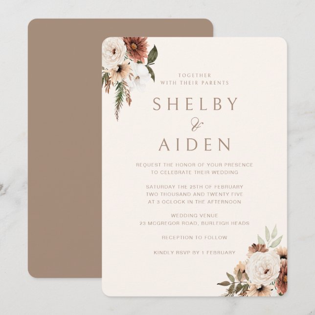 Bohemisch Beige Minimalistische neutrale Hochzeit Einladung (Vorne/Hinten)