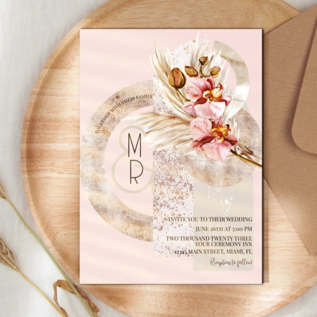 Bohemisch Beige Pink Monogram Pampas Wedding Einladung (Von Creator hochgeladen)