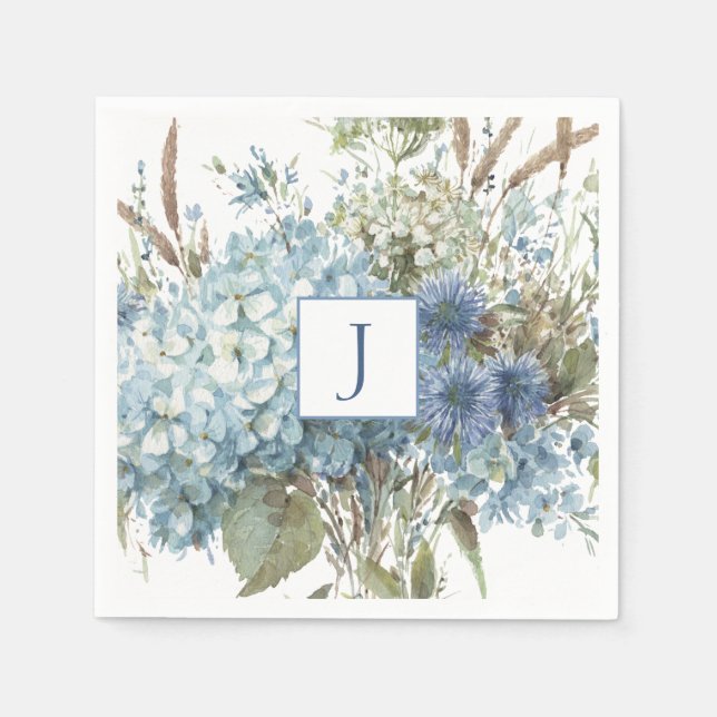 Bohemisch Blue Blume Watercolor Bouquet Serviette (Vorderseite)