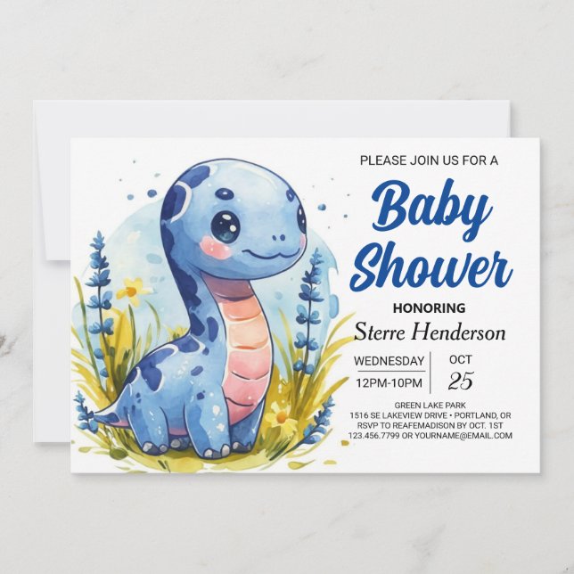 Bohemisch Blue Custom Dinosaur Boy Baby Dusche Einladung (Vorderseite)