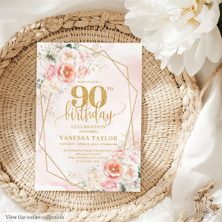 Bohemisch Blush Pink Gold Floral 90. Geburtstag Einladung