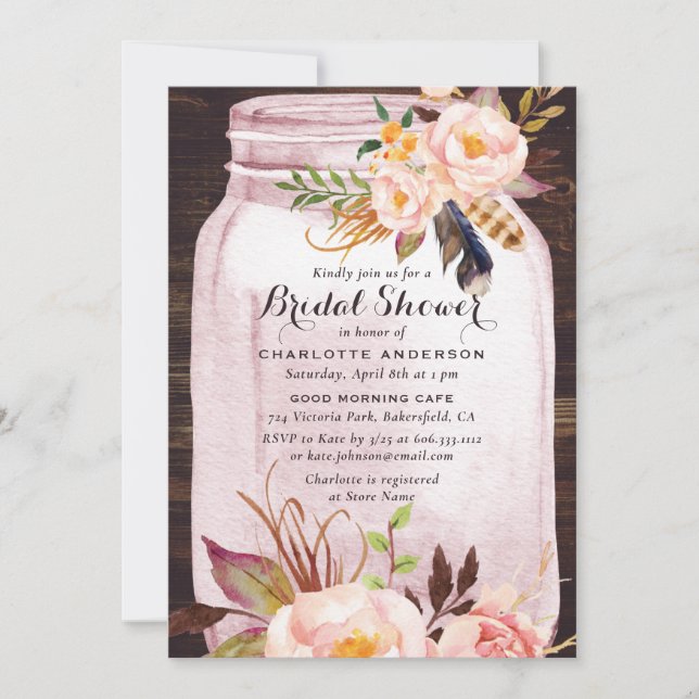 Bohemisch Blush Pink Mason Jar Floral Brautparty Einladung (Vorderseite)