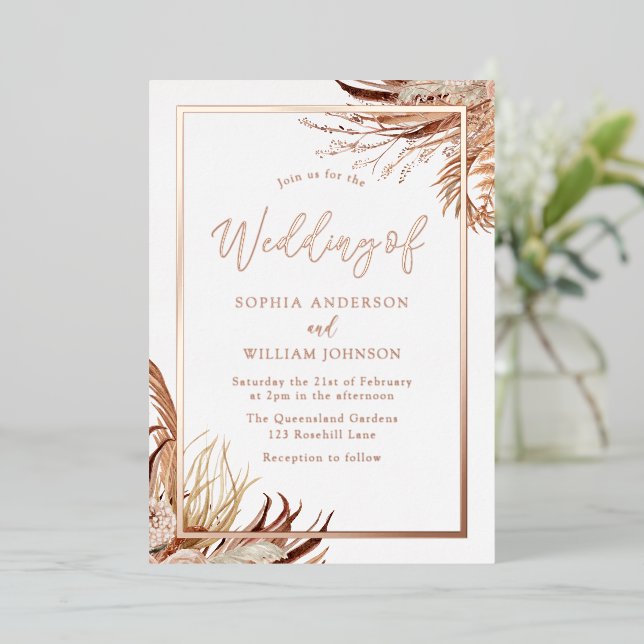 Bohemisch Boho Elegant Wedding Rose Gold Folieneinladung (Stehend vorne)