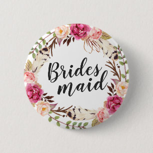 Bohemisch Boho Floral Wreath Calligraphy Bridesmai Button