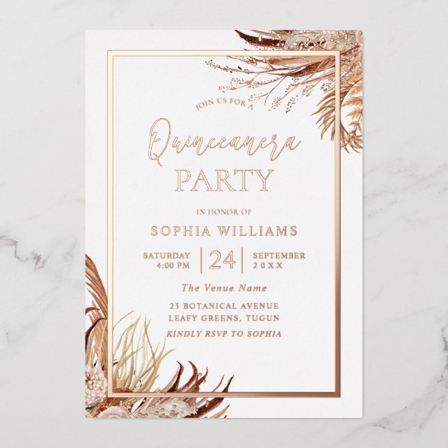 Bohemisch Boho Quinceanera Party Rose Gold Folieneinladung (Vorderseite)