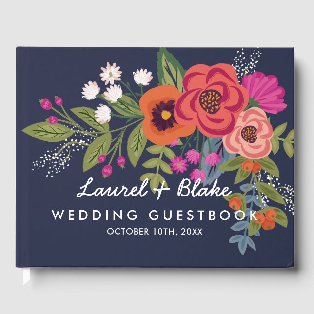 Bohemisch Bouquet - Navy Blue - Hochzeit Gästebuch (Vorderseite)