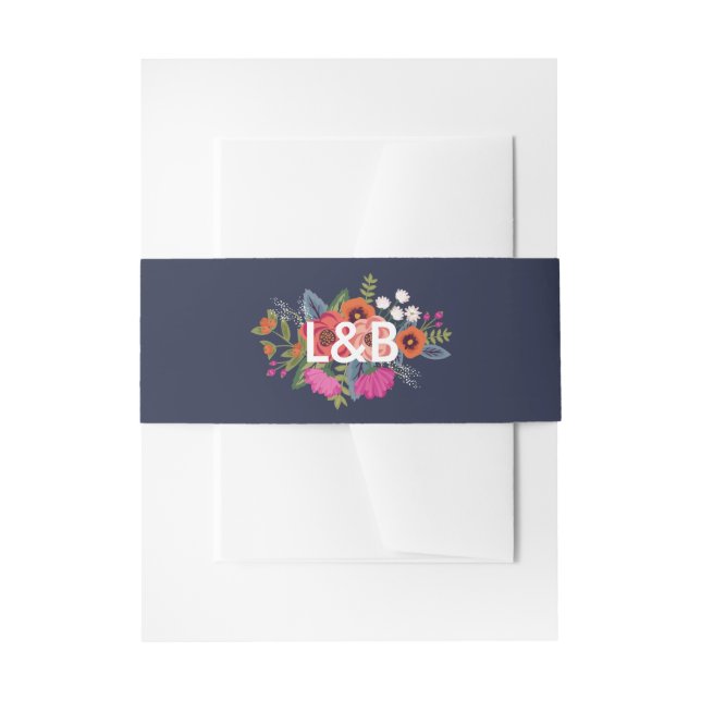 Bohemisch Bouquet - Navy Blue - Initialen Einladungsbanderole (Vorderseite Beispiel)