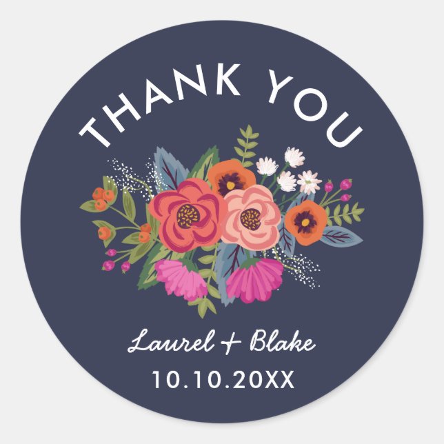 Bohemisch Bouquet - Navy Blue Wedding Vielen Dank Runder Aufkleber (Vorderseite)