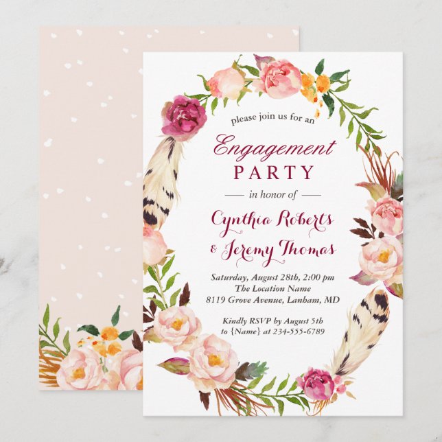 Bohemisch Chic Boho Floral Wreath Engagement Party Einladung (Vorne/Hinten)