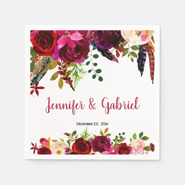 Bohemisch Chic Burgundy Marsala Floral Wedding Serviette (Vorderseite)