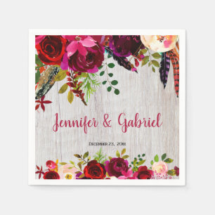 Bohemisch Chic Burgundy Marsala Floral Wood Weddin Serviette