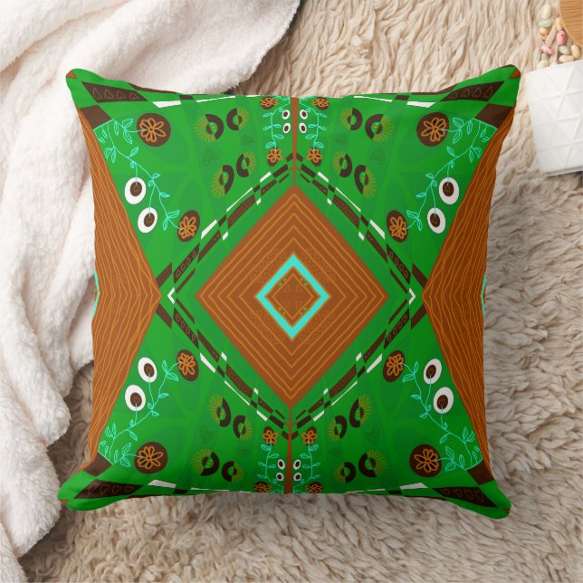 Bohemisch Chintz Illustration Green Brown Türkise Kissen (Decke)
