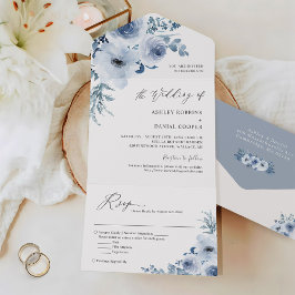 Bohemisch Dusty Blue Floral Wedding All In One Einladung
