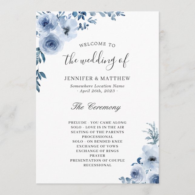 Bohemisch Dusty Blue Pastel Floral Wedding Programm (Vorderseite)