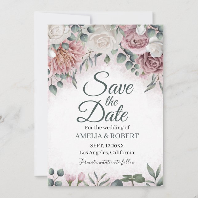 Bohemisch Dusty Rose Floral Save The Date (Vorderseite)