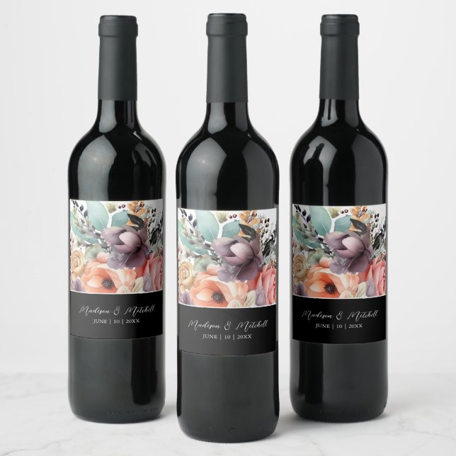 Bohemisch Floral Bouquet Wasserfarbe Weinetikett (Flaschen)