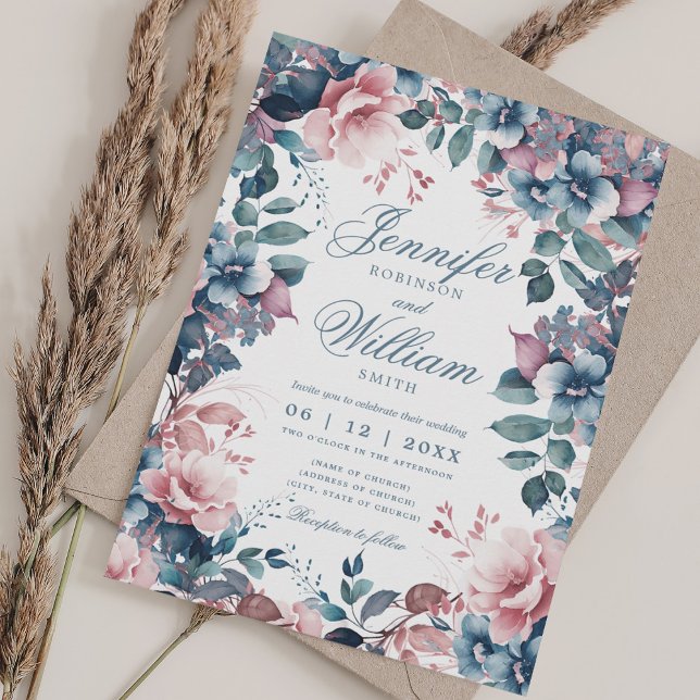 Bohemisch Floral Dusty Blue Wedding w/QR UAWG Einladung (Bohemian Floral Dusty Blue Wedding w/ QR RSVP Invitation)