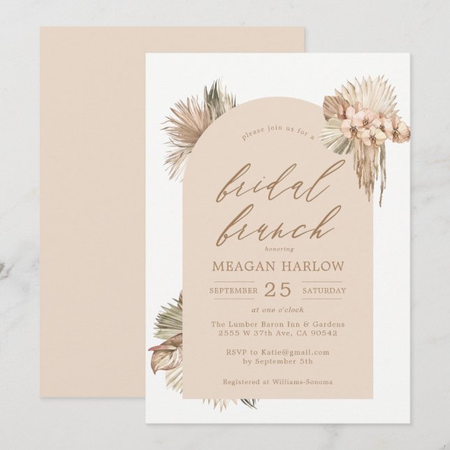 Bohemisch getrocknete Palm-Blätter Bridal Brunch Einladung (Vorne/Hinten)