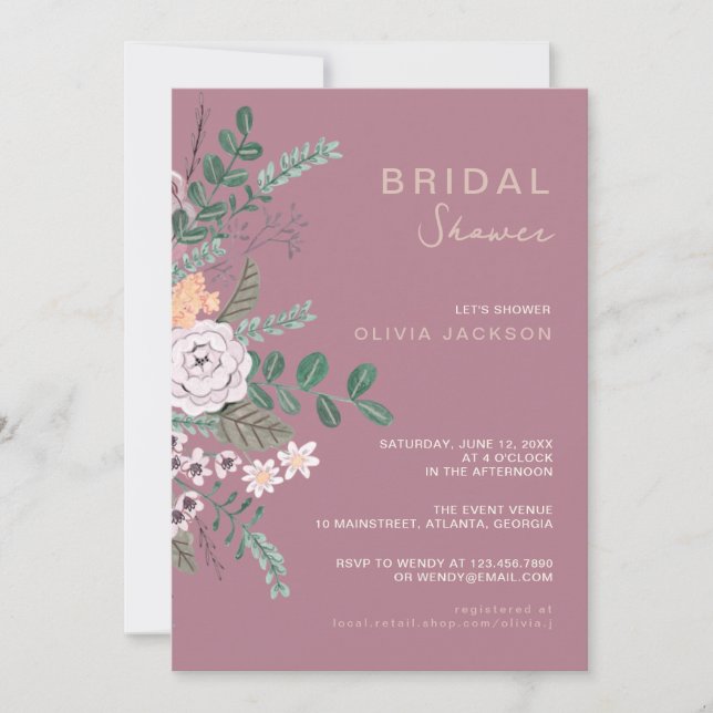 Bohemisch Green & Mauve Chic Floral Blume Bridal Einladung (Vorderseite)