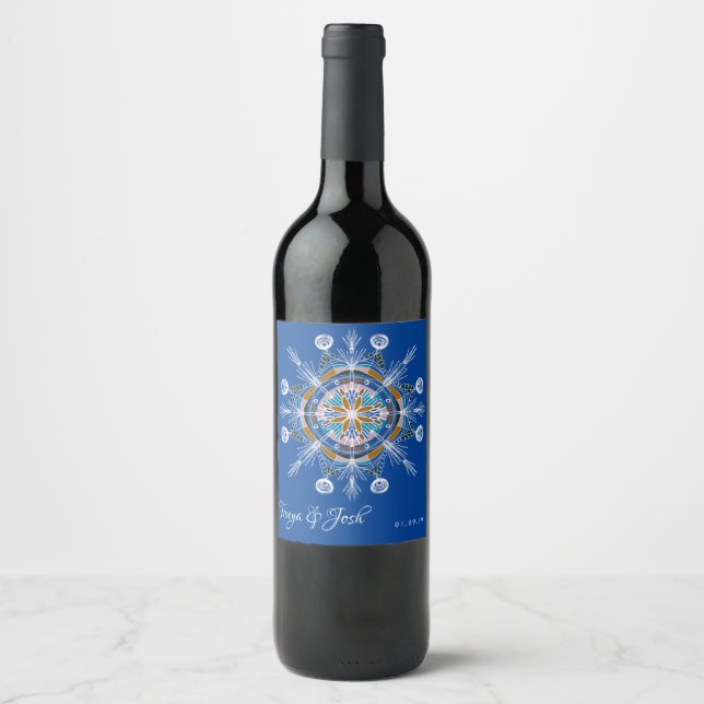 Bohemisch Mandala Blue Boho Art Wedding Weinetikett (Vorderseite)