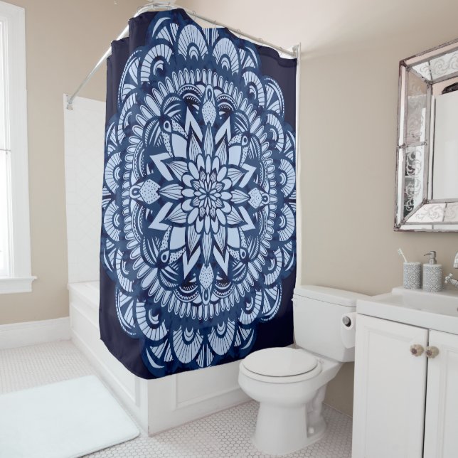 Bohemisch Navy Blue Gefärbte Krawatte Mandala Duschvorhang (Beispiel)